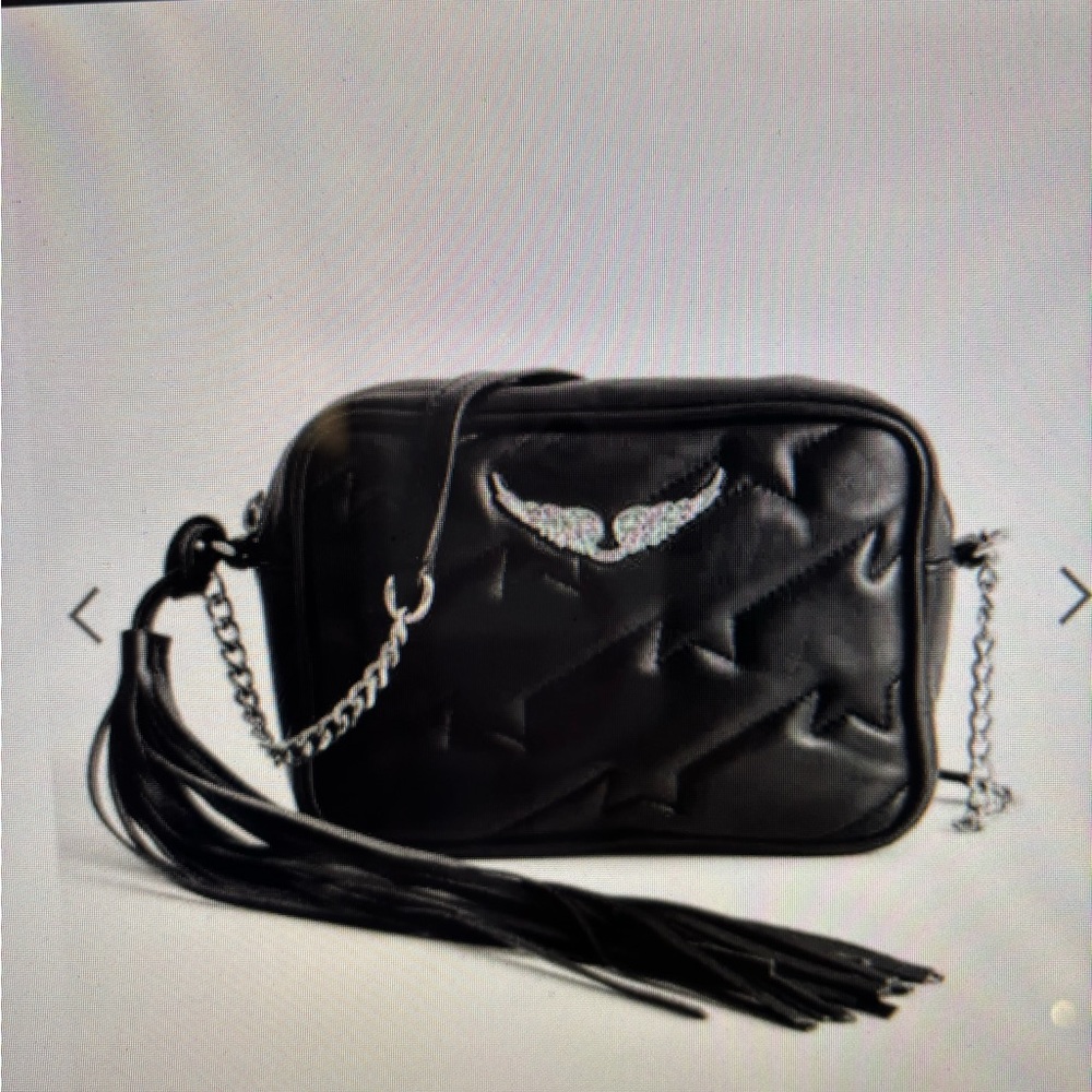 Zadig & Voltaire Small zip-up quilted leather black purse crossbody wing accent.